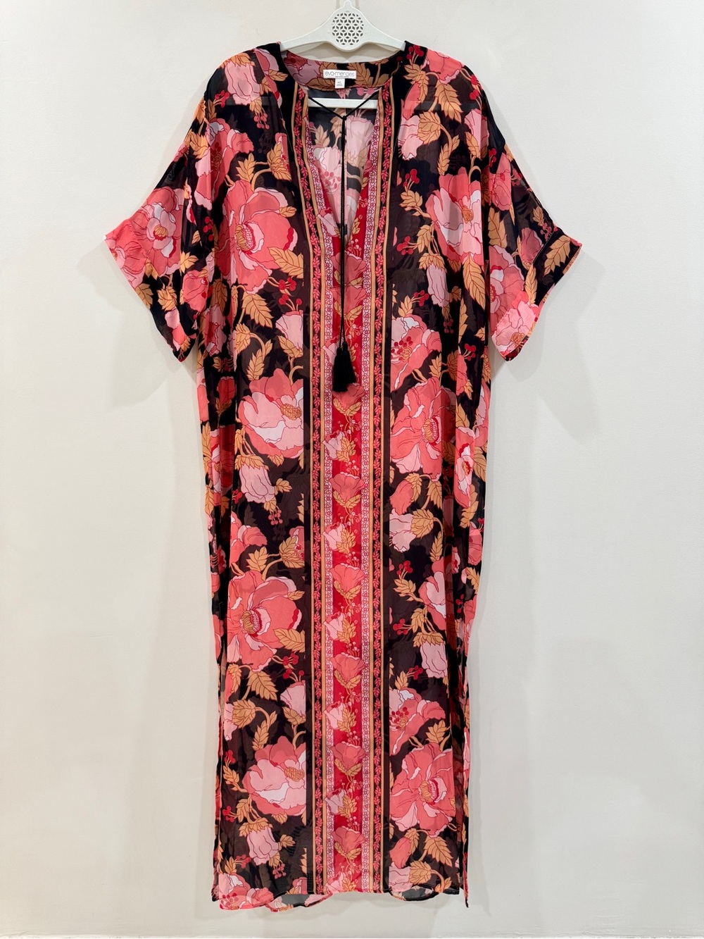Sheer Coral Floral Maxi Kimono Tunic Style Coverup M/L Boho Tassel Tie Resort